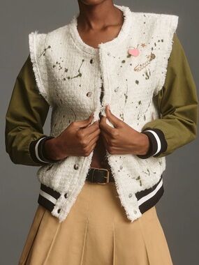 NWT Anthropologie Paint Splatter Tweed Bomber Jacket